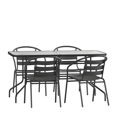 Rectangular Metal Patio Table & Chairs Set with Tempered Glass Top and 4 Black Aluminum Stacking Chairs D475029
