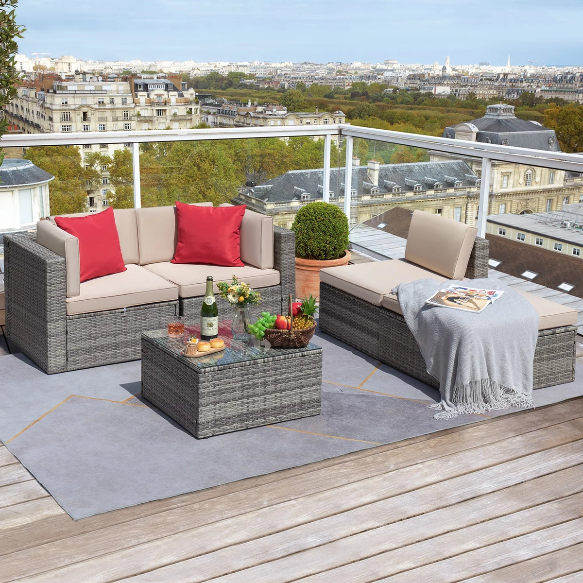 5 Pieces Beige Wicker Rattan Patio Sectional Sofa M668