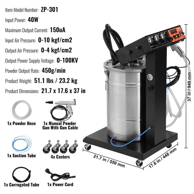 Powder Coating System, 40-Watt 100KV Electrostatic with 50L Powder Hopper D153