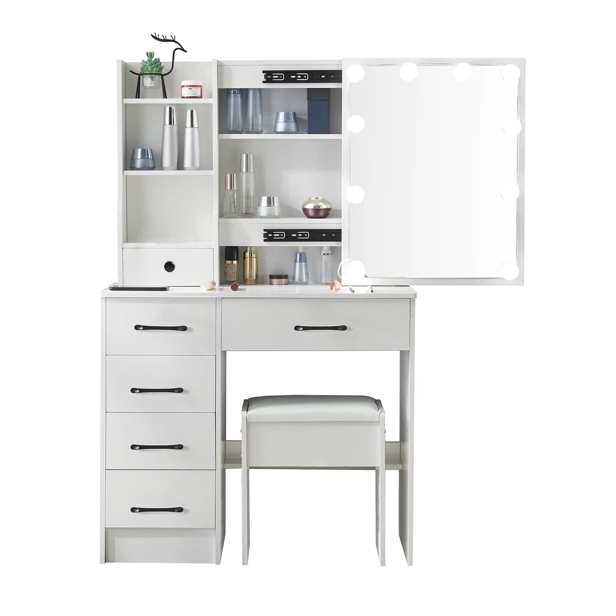 White Vanity Table with Lighted Mirror and Stool V354