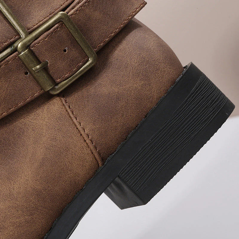 Buckle-Accented Mid-Calf Flat Boots X4188