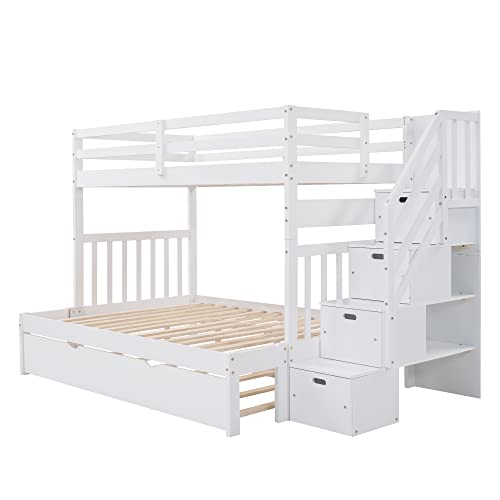 White Twin over Full Wood Bunk Bed with Trundle and Storage N889