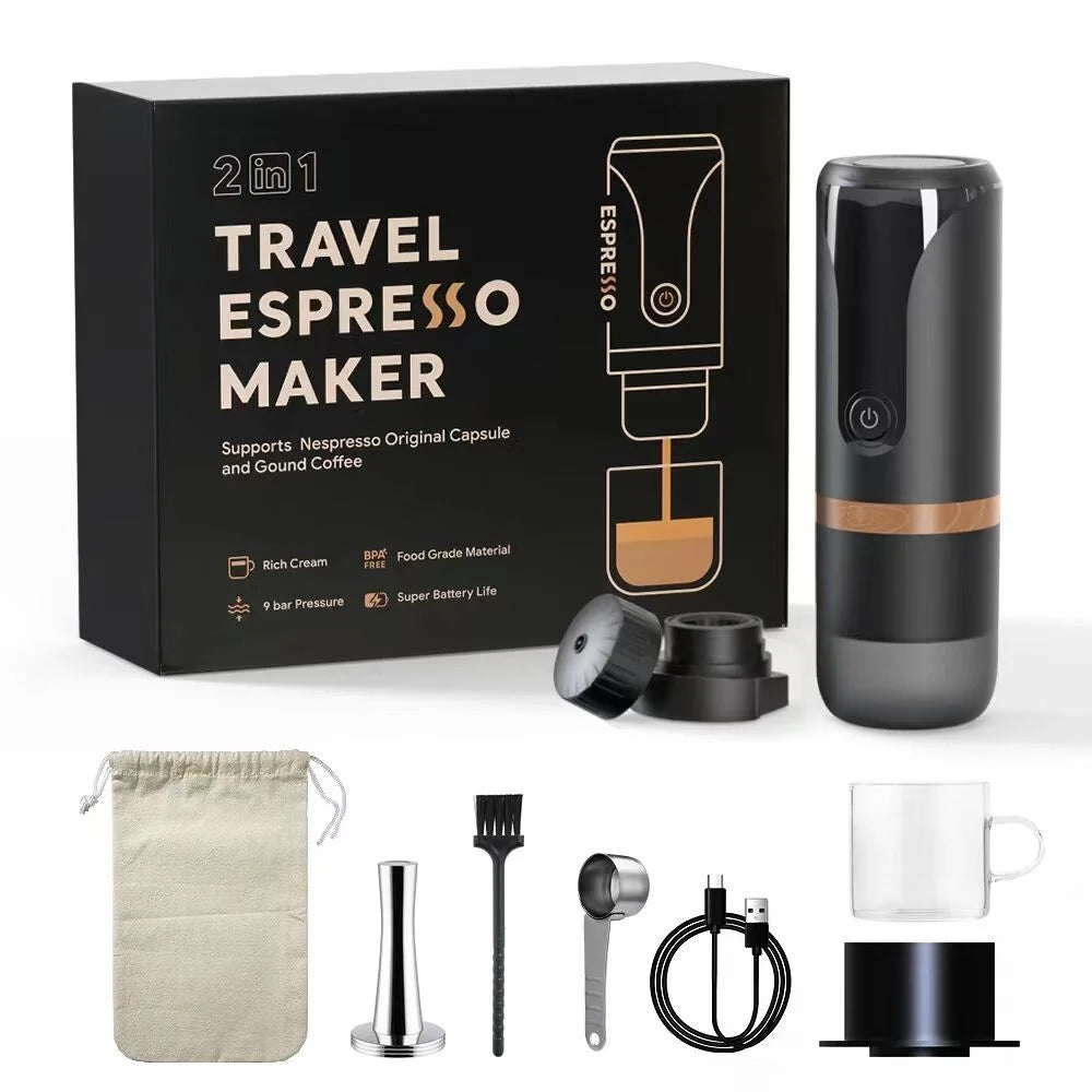 Portable Espresso Machine 9 Bar Pressure Rechargeable 2 in 1 Black G902426