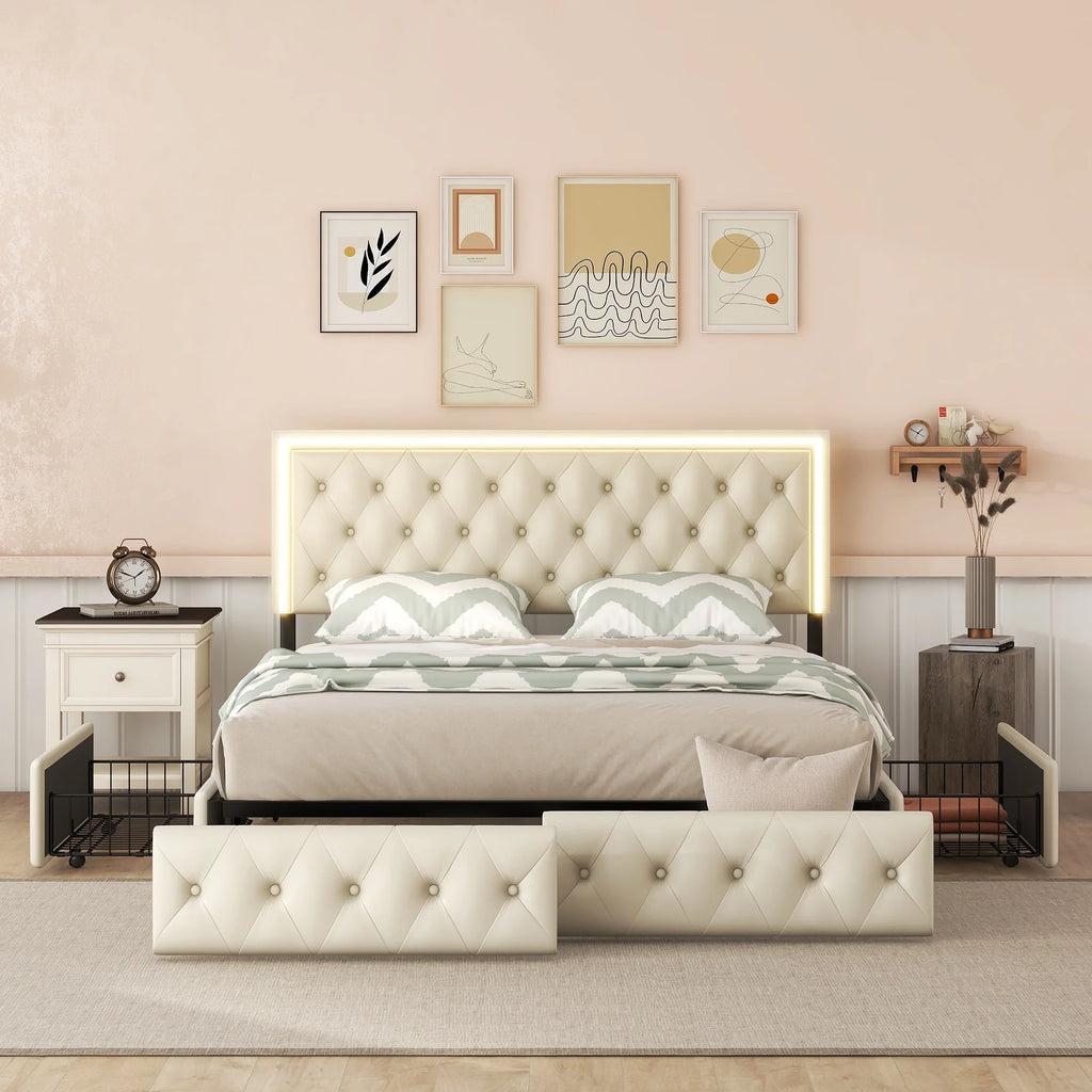 Queen Upholstered Bed Frame with 4 Storage Drawers M833564