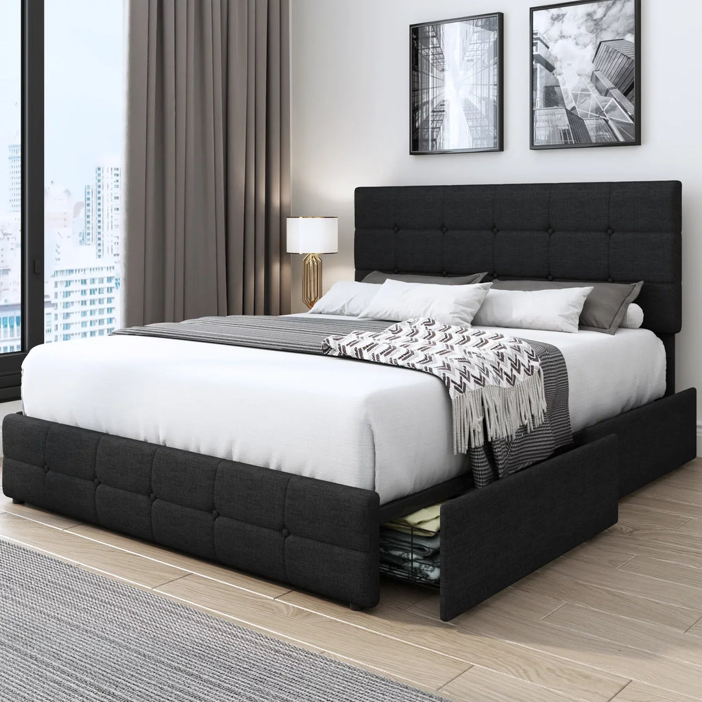 Queen Size 4 Drawer Tufted Upholstered Platform Bed Frame F32483