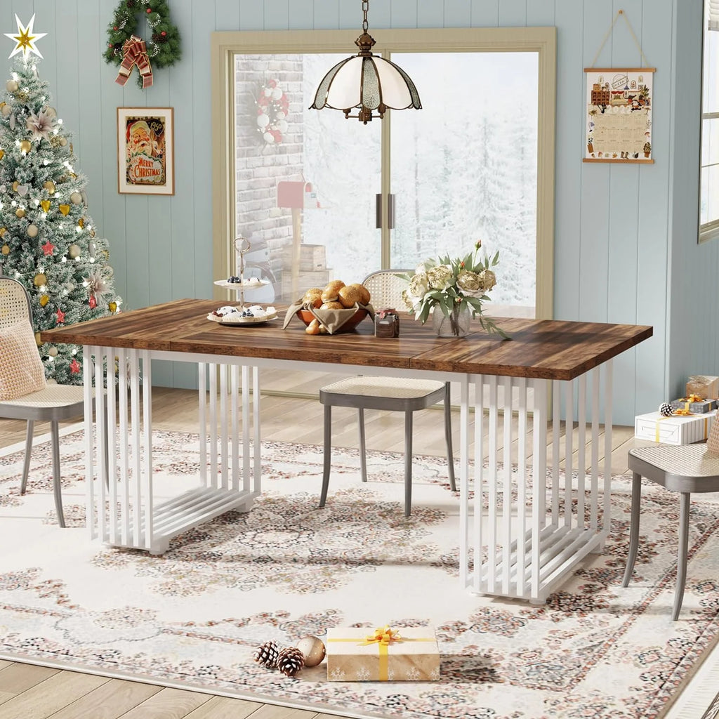 71" Long Brown Wooden Dining Table with White Metal Legs G122