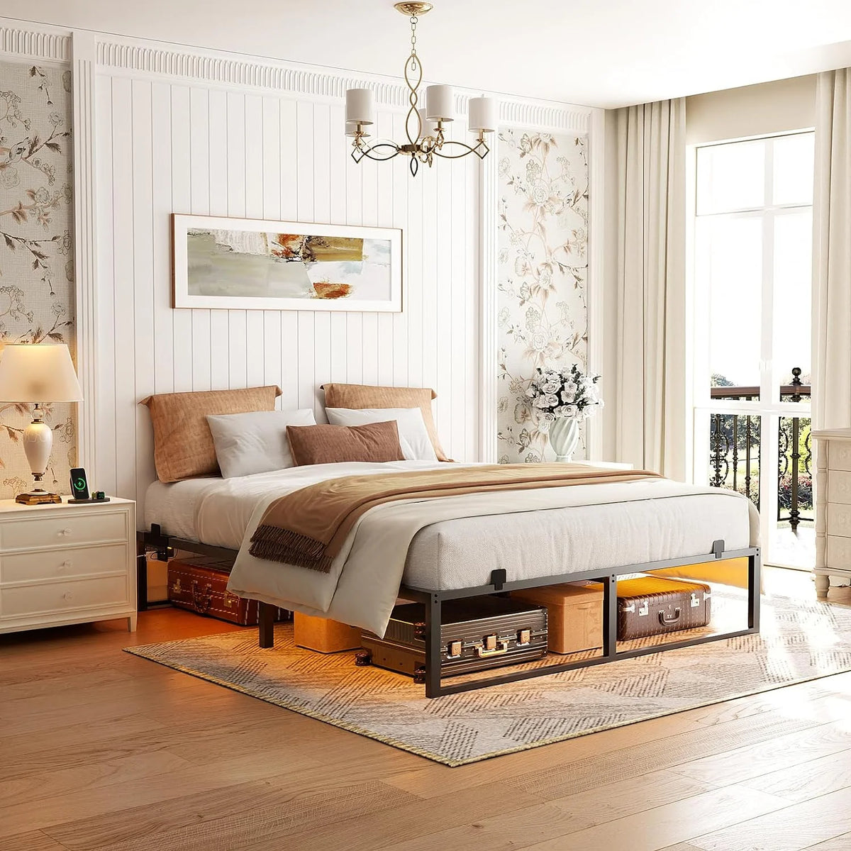 14 Inch Queen Size Metal Platform Bed Frame with Charging Station and LED Lights F40279