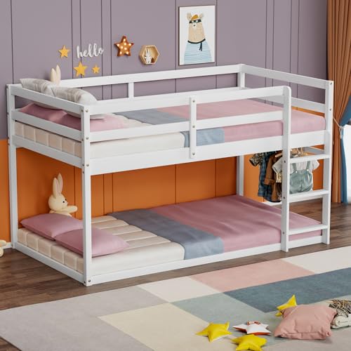 Twin Over Twin Wooden Bunk Bed with Ladder and Guardrails F923998