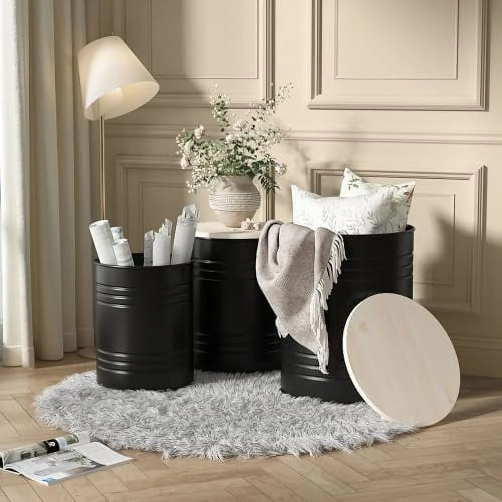 Set of 3 Galvanized Metal Ottoman with Wood Lid G561876
