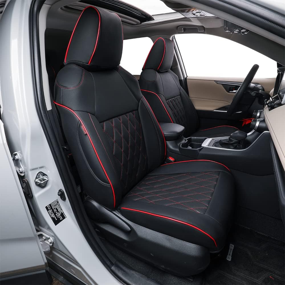Custom Fit Full Set Car Seat Covers Leatherette Black with Red Trim J2752