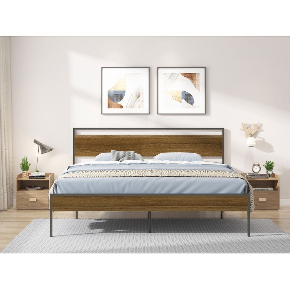 Black King Metal Bed with Wood Headboard and Footboard D973581