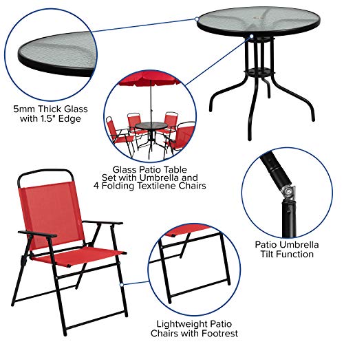 6-Piece Patio Dining Set with Glass Table, Folding Chairs, and Umbrella, Navy U55358