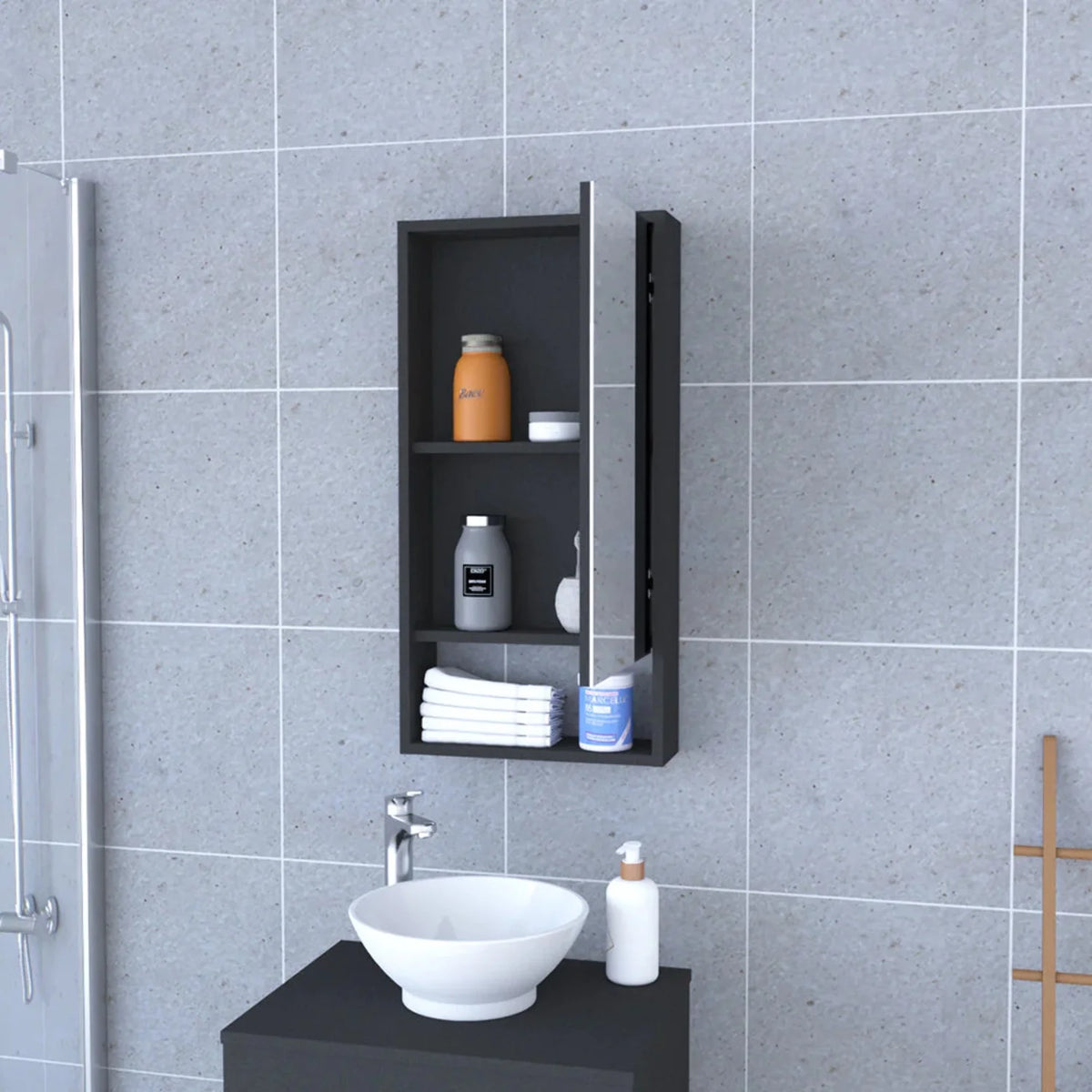 Black Wengue Medicine Cabinet with External Shelf G133