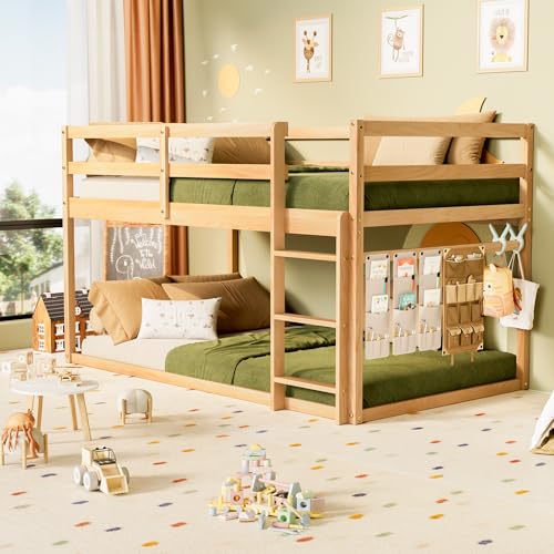 Twin Over Twin Wooden Bunk Bed with Ladder and Guardrails F923998