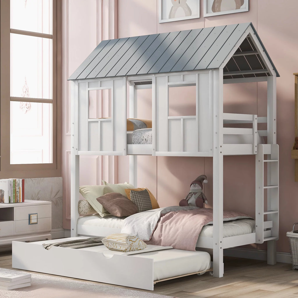 White Bunk Bed with Trundle R556