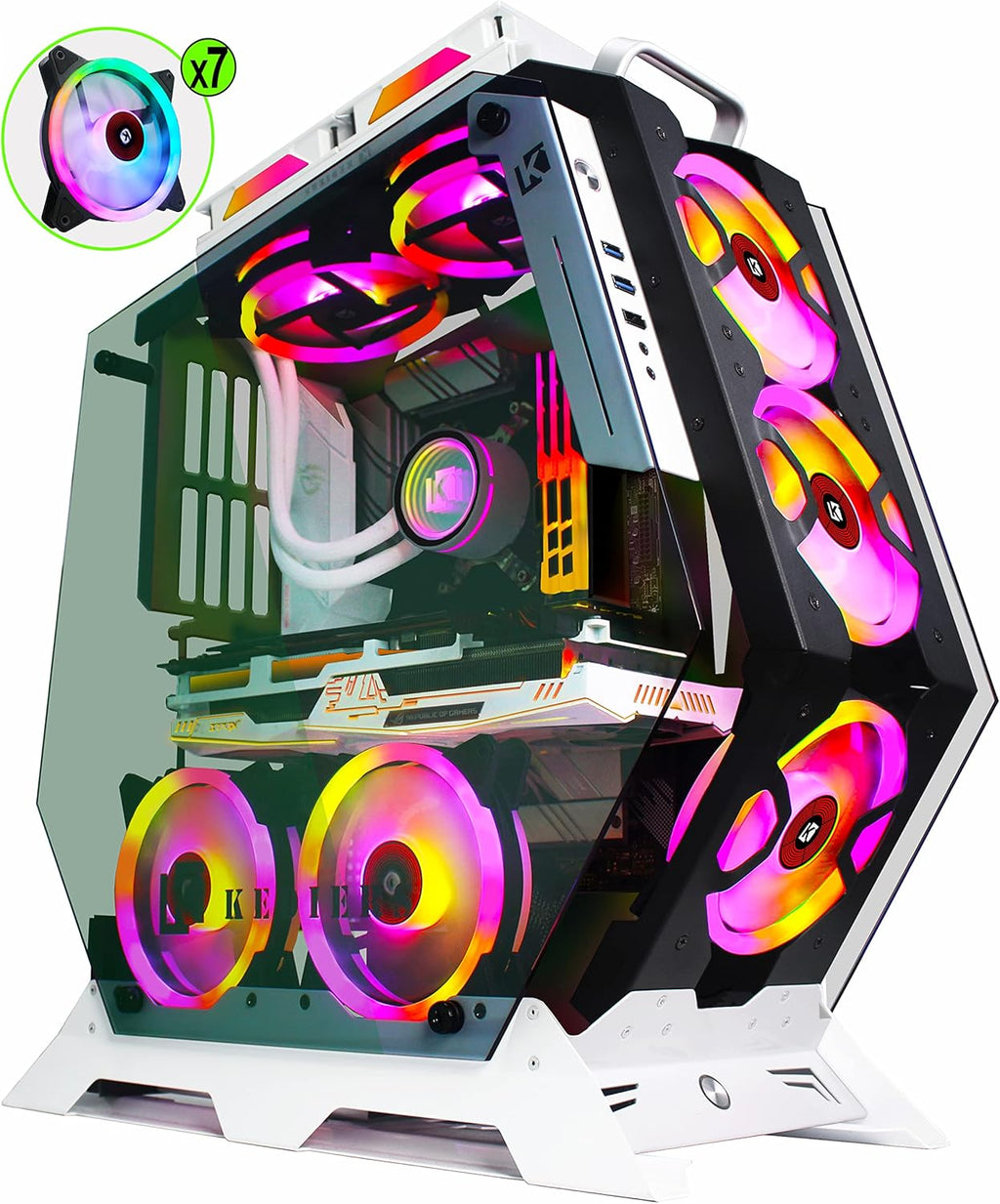 ATX Tower Tempered Glass Gaming PC Case with 7 RGB Fans Y275