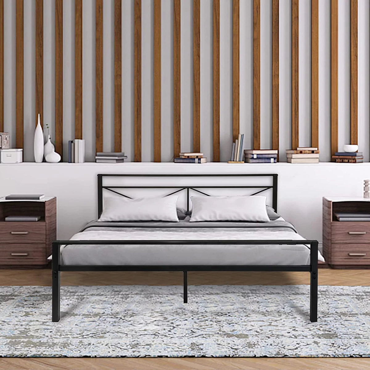 Black Queen Size Metal Platform Bed Frame with Headboard E755