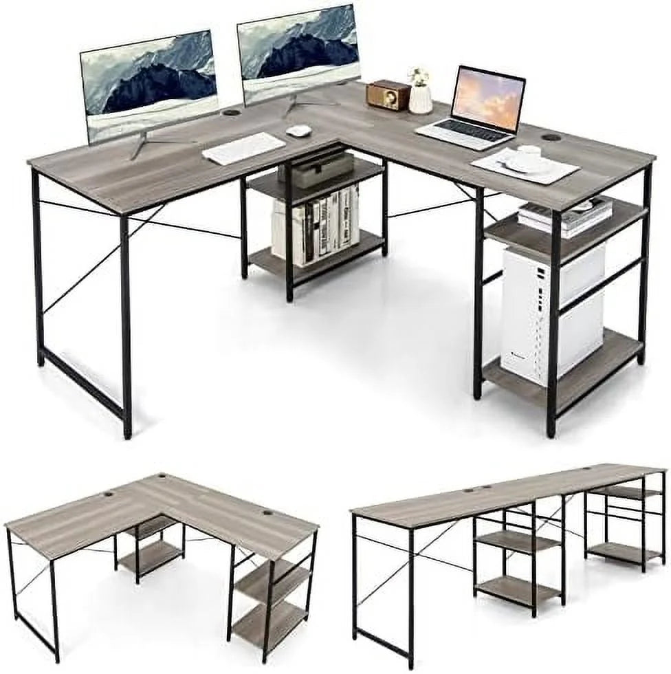 L-Shaped Corner Desk with 4-Tier Shelves and 3 Cable Holes B2291