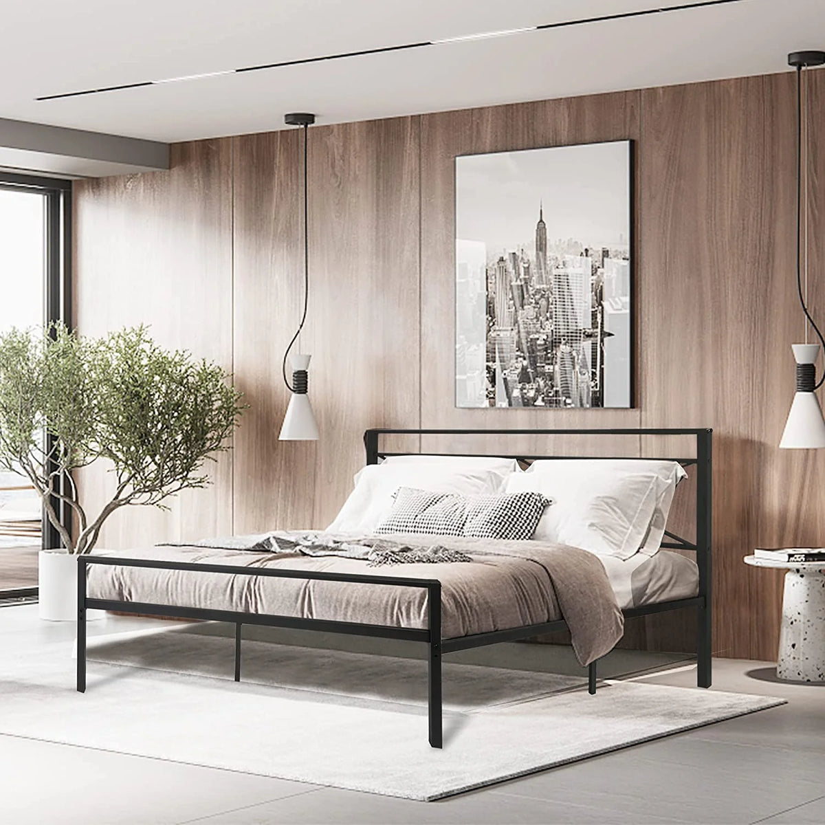 Black Queen Size Metal Platform Bed Frame with Headboard E755