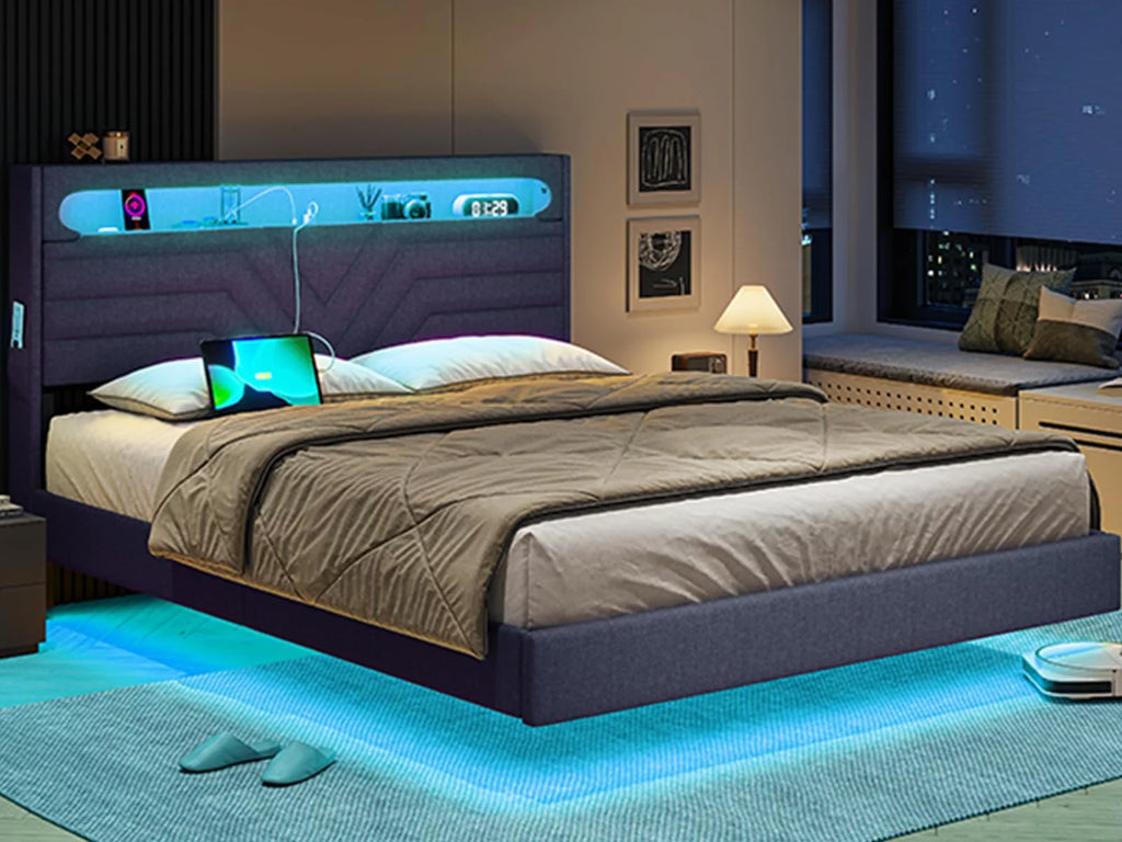 Queen Floating Bed Frame with LED Lights Headboard, USB-C/A Power Combo, Upholstered Platform Bed, Dark Gray R4299