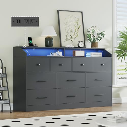 Black 10 Drawer Wood Dresser with Charging Station N27741