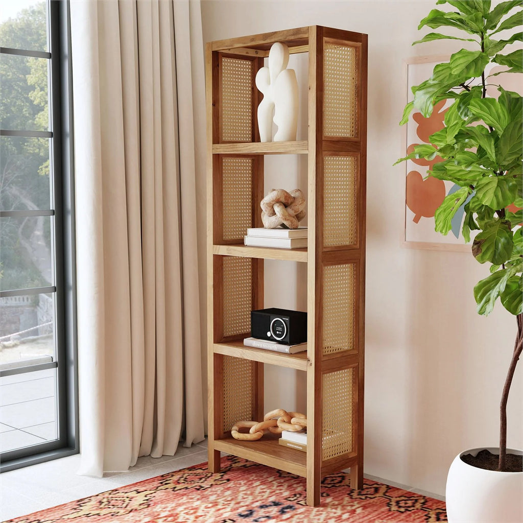 Brown Cane and Wood 4-Tier Etagere Bookcase A6415