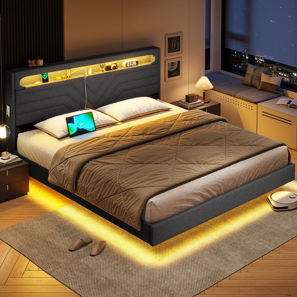 Queen Floating Bed Frame with LED Lights Headboard, USB-C/A Power Combo, Upholstered Platform Bed, Dark Gray R4299