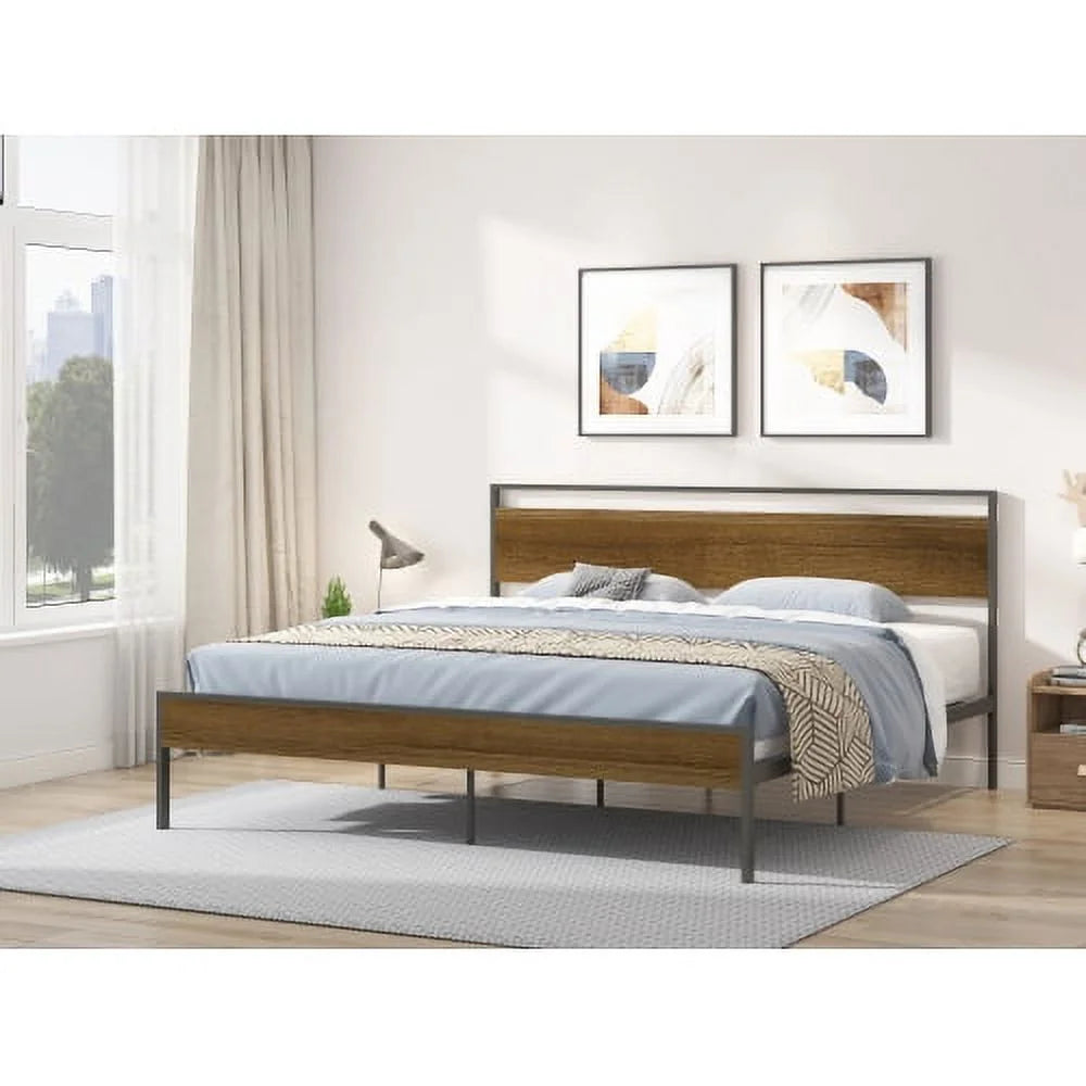 Black King Metal Bed with Wood Headboard and Footboard D973581