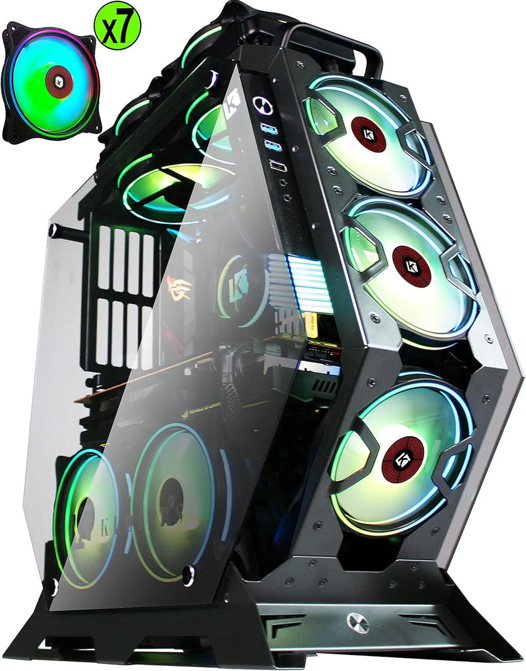 ATX Tower Tempered Glass Gaming PC Case with 7 RGB Fans Y275