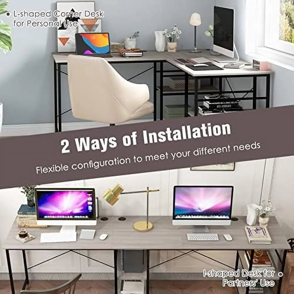 L-Shaped Corner Desk with 4-Tier Shelves and 3 Cable Holes B2291