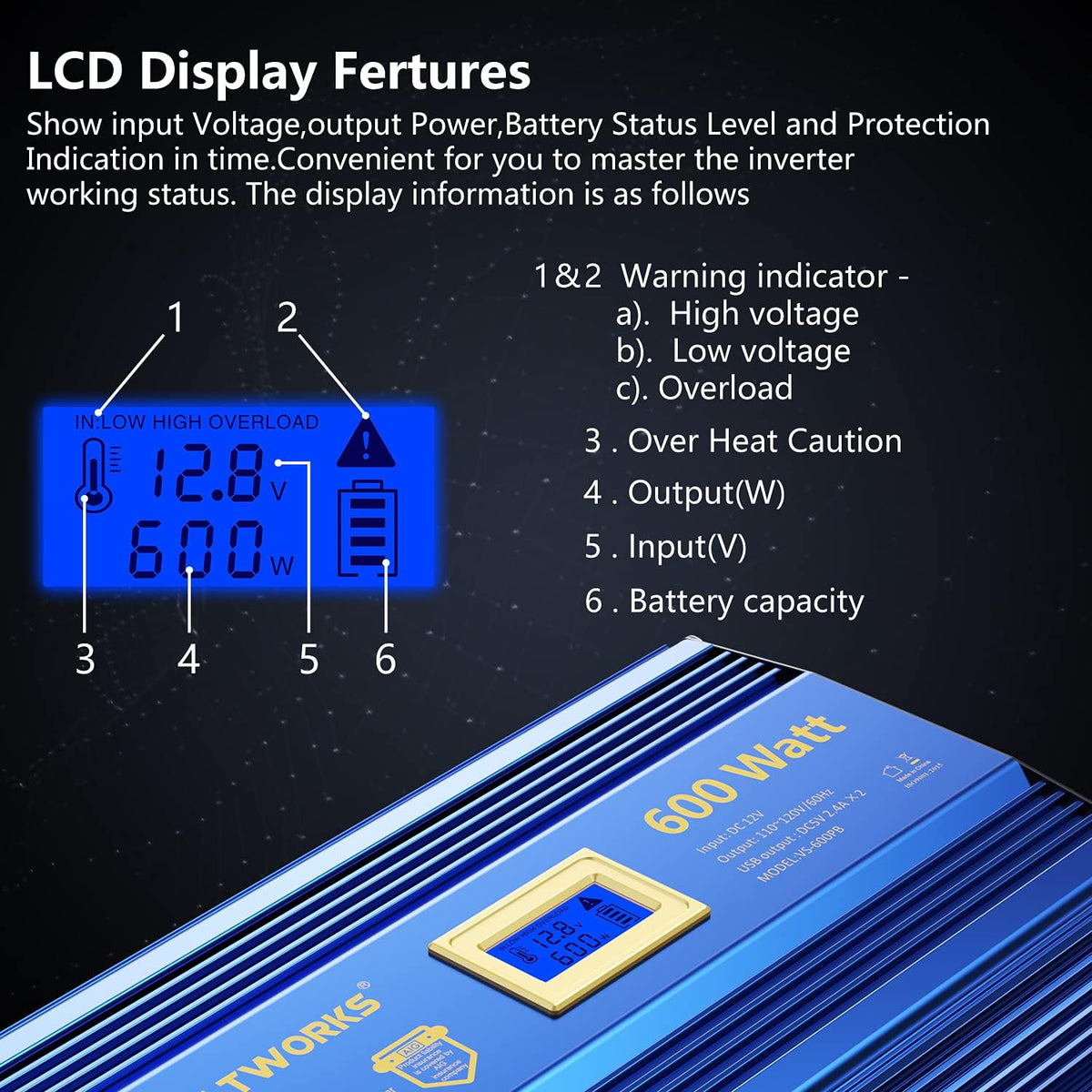 600 Watts Pure Sine Wave Power Inverter DC 12V to AC 110V 120V with USB Port & LCD Display M3535