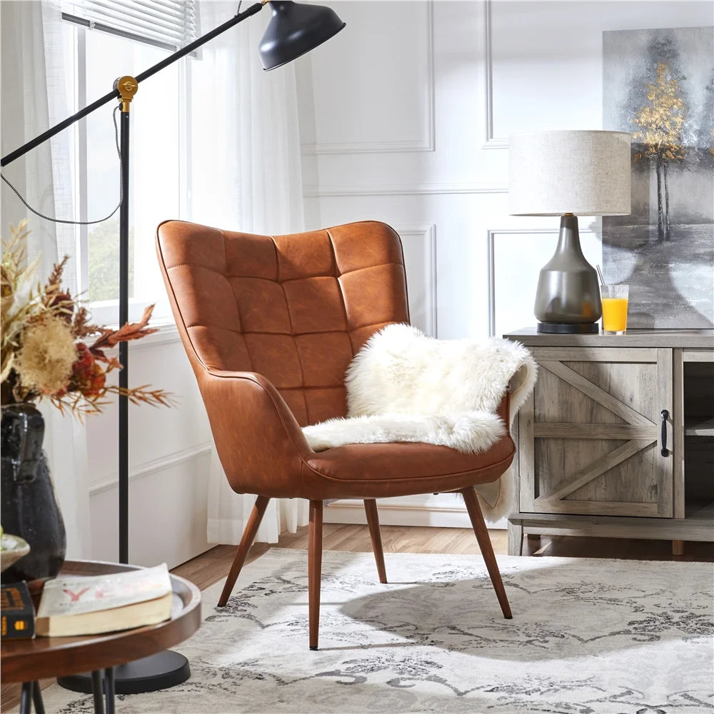 Brown Faux Leather Wingback Accent Chair J61820