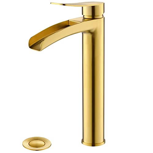 Brushed Gold Single Handle Waterfall Vessel Sink Faucet with Pop Up Drain R57478
