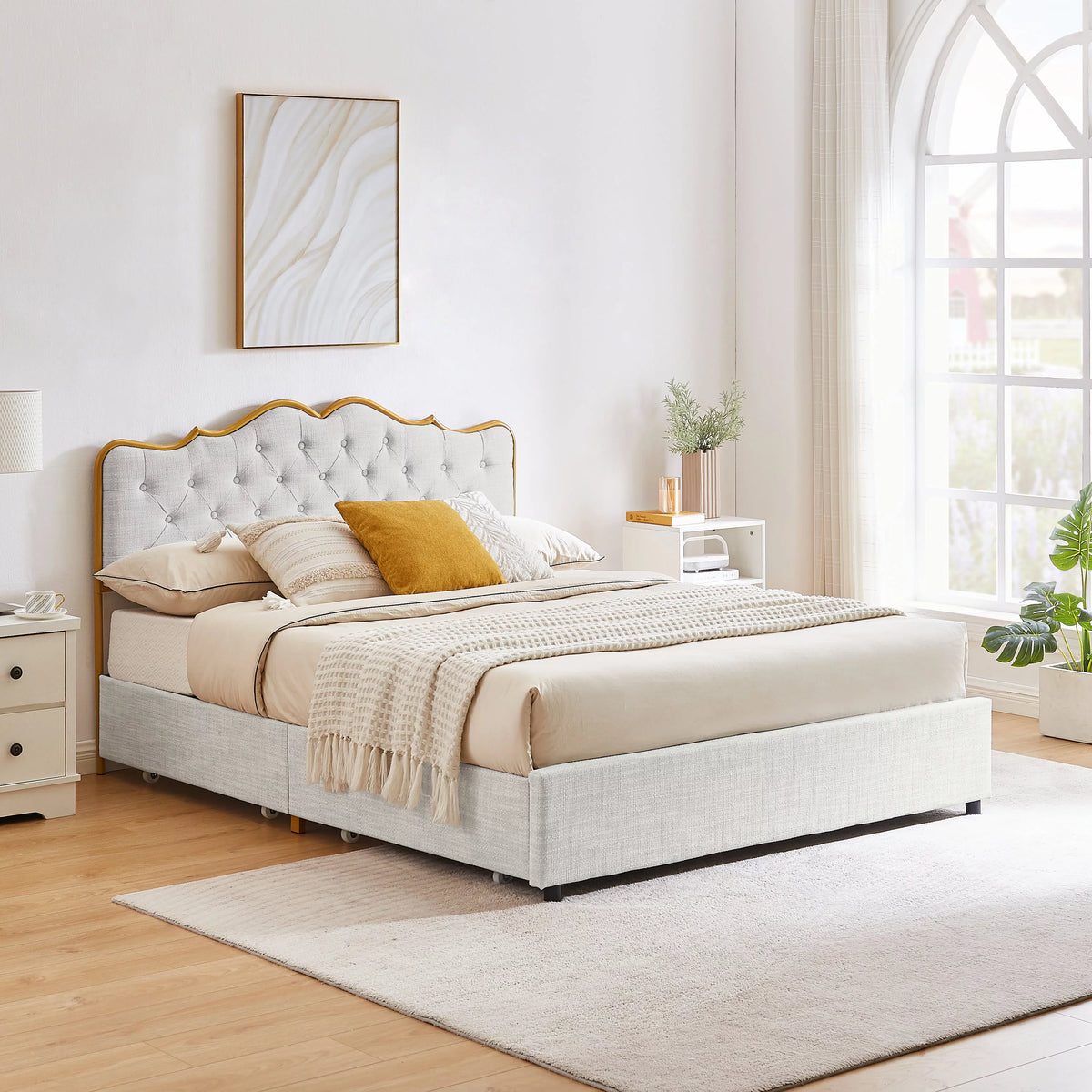 Queen Size Bed Frame with Drawers Storage Light Gray B621