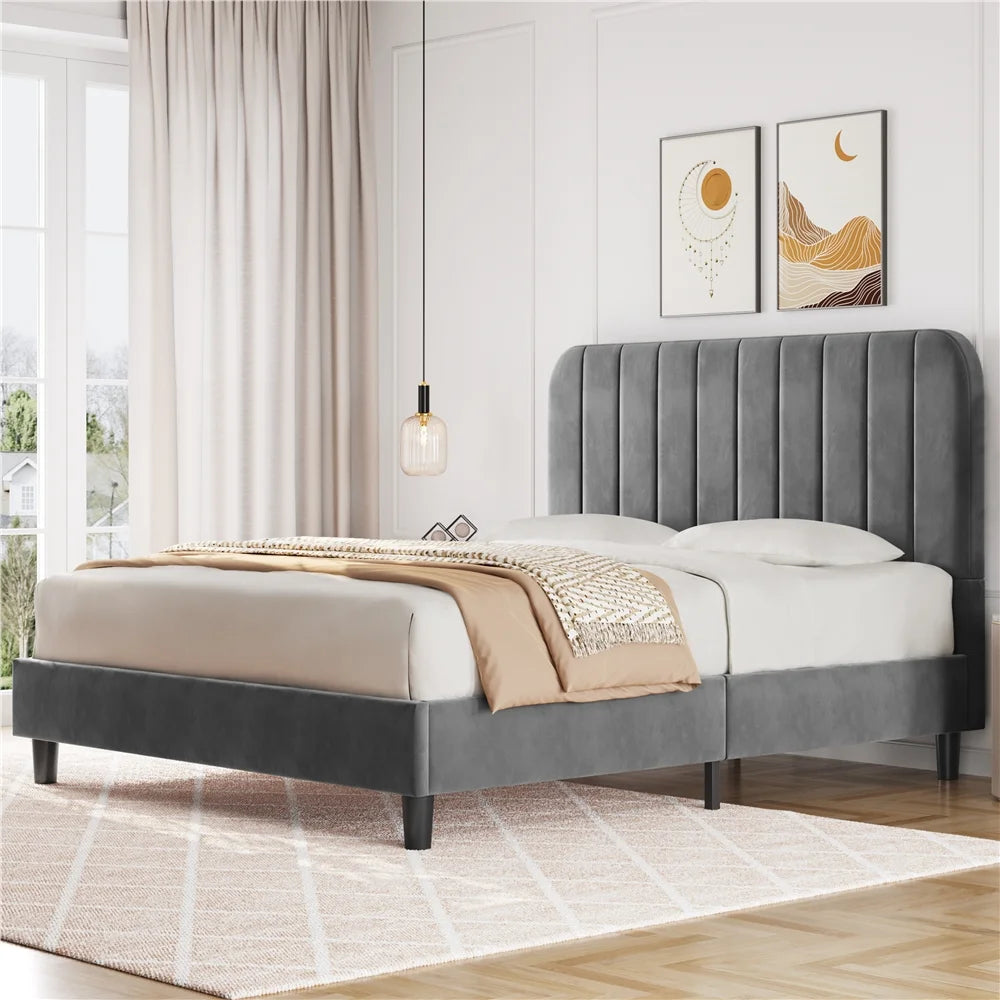 Black Upholstered Queen Platform Bed with Headboard J23438