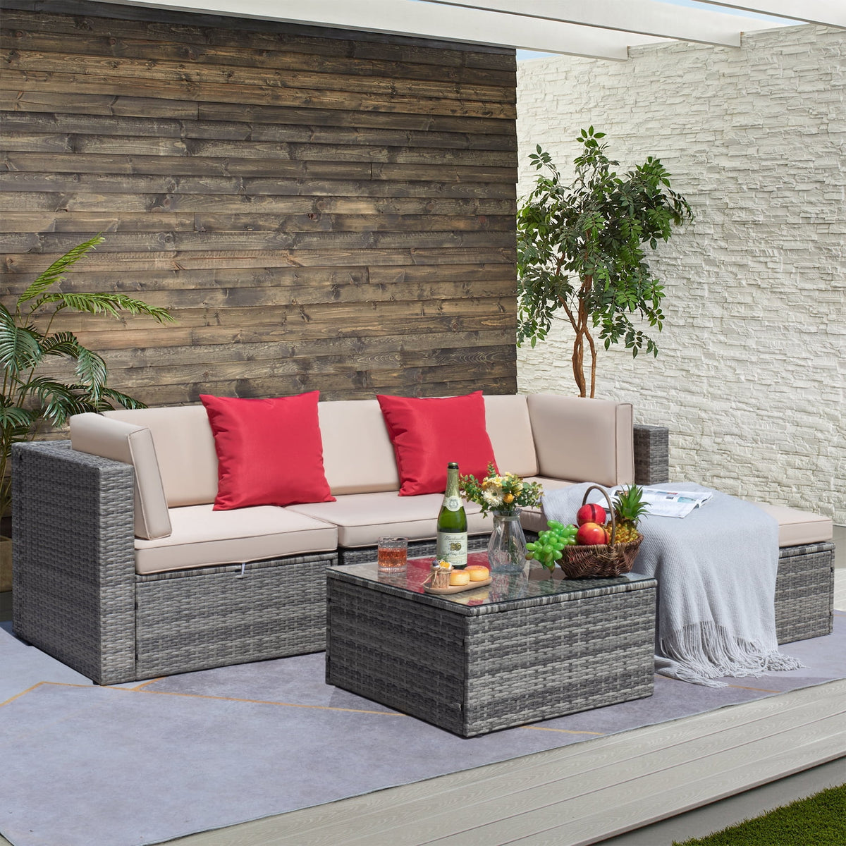5 Pieces Beige Wicker Rattan Patio Sectional Sofa M668