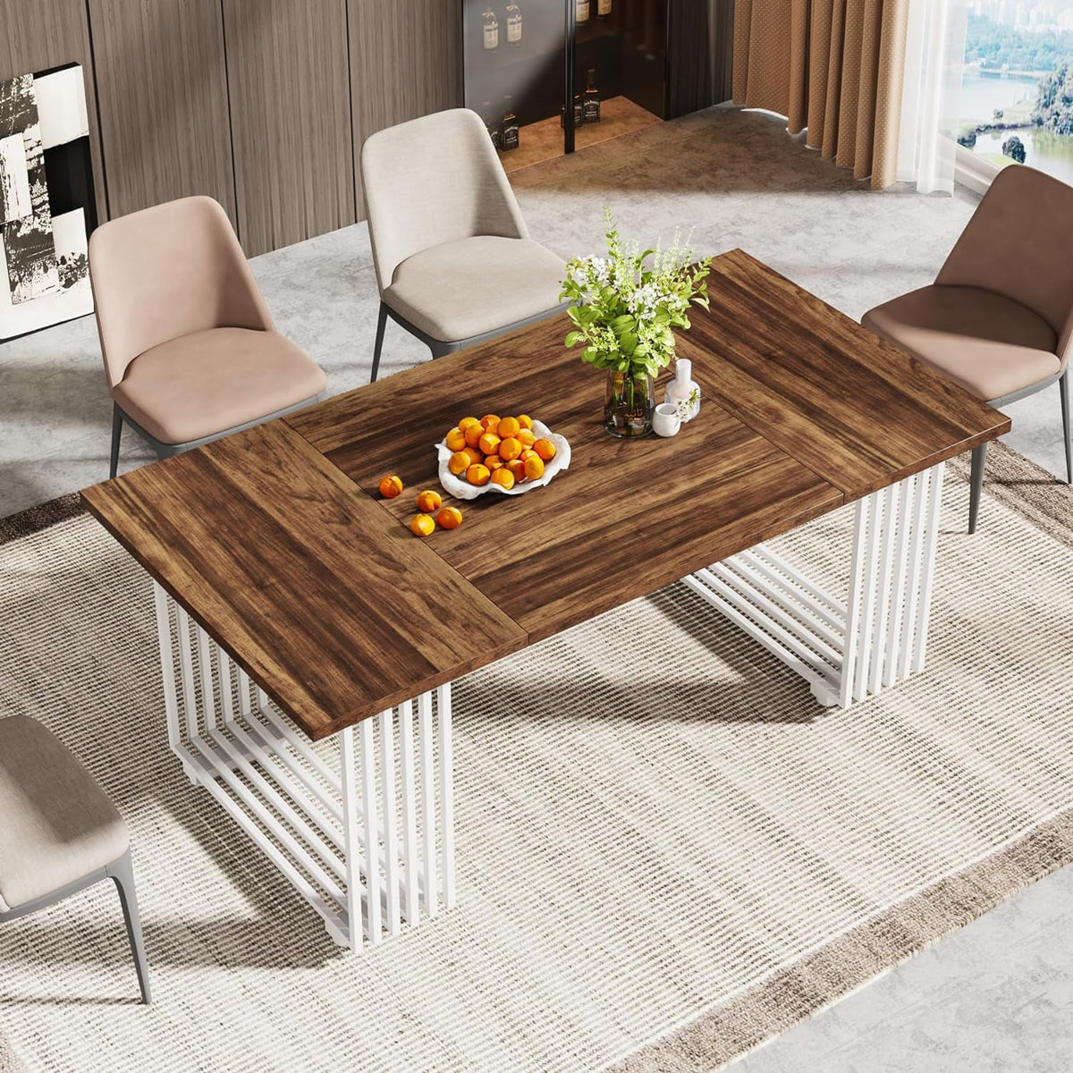 71" Long Brown Wooden Dining Table with White Metal Legs G122