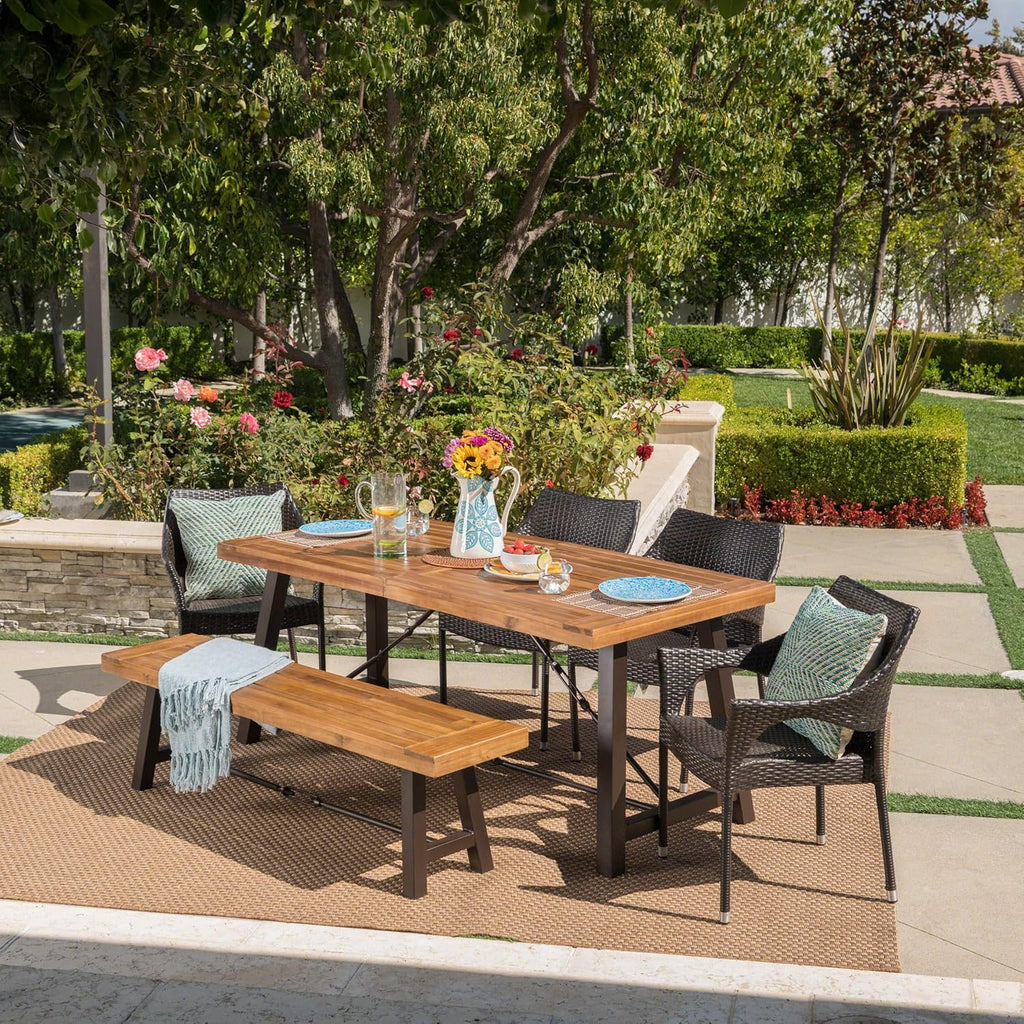 Acacia Wood Dining Set with Wicker Stacking Chairs U38407