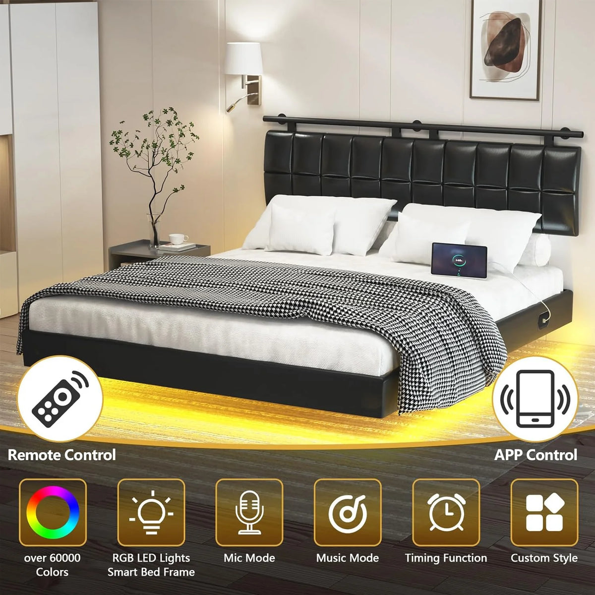 Queen Bed Frame with Charging Station and LED Lights R3525