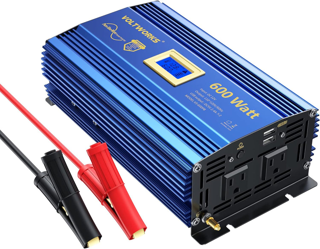 600 Watts Pure Sine Wave Power Inverter DC 12V to AC 110V 120V with USB Port & LCD Display M3535