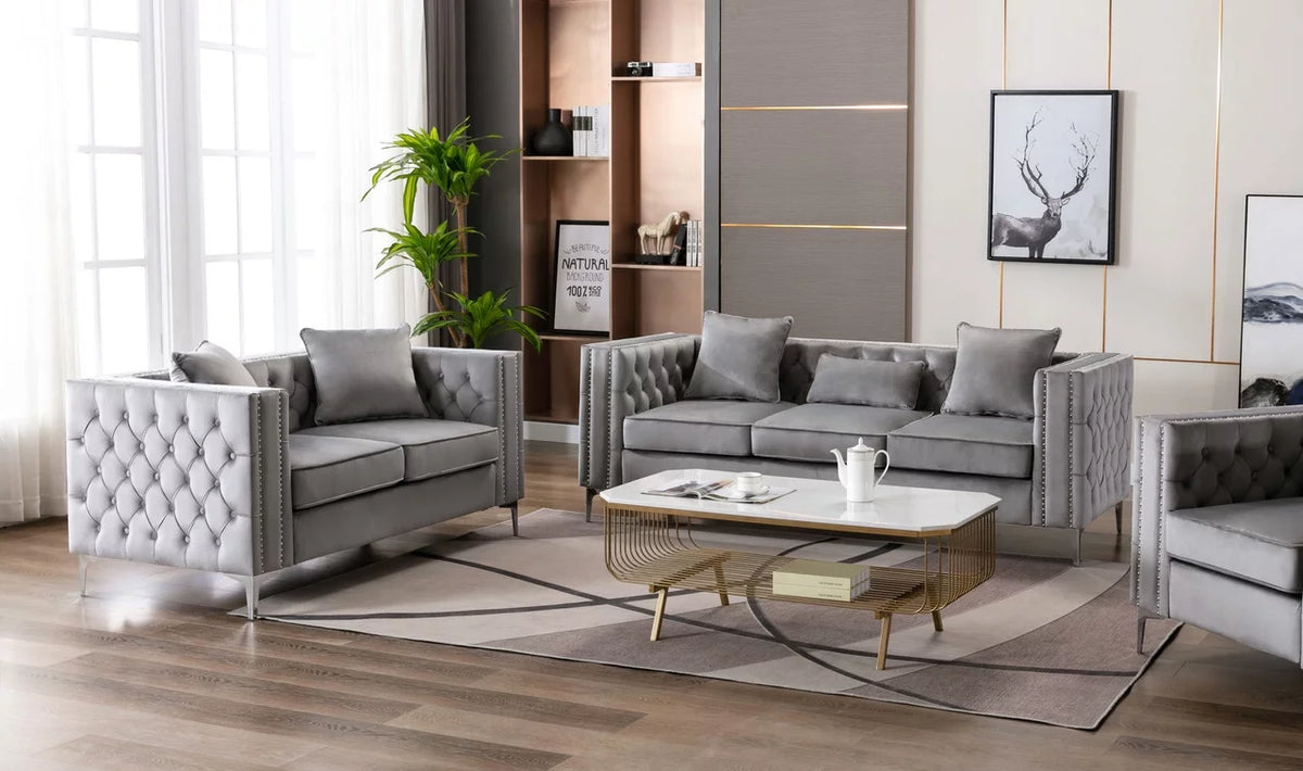 Gray Velvet Sofa Loveseat J6336