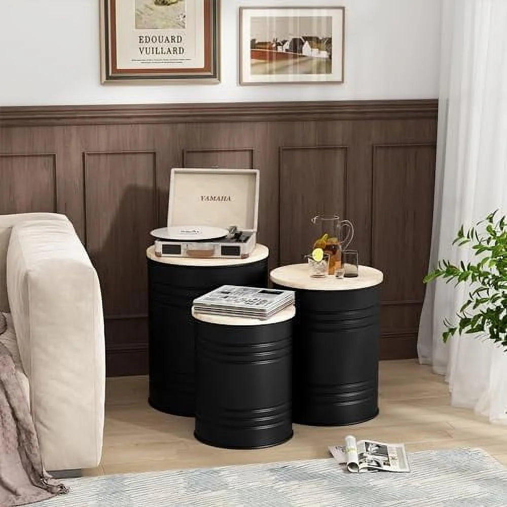 Set of 3 Galvanized Metal Ottoman with Wood Lid G561876