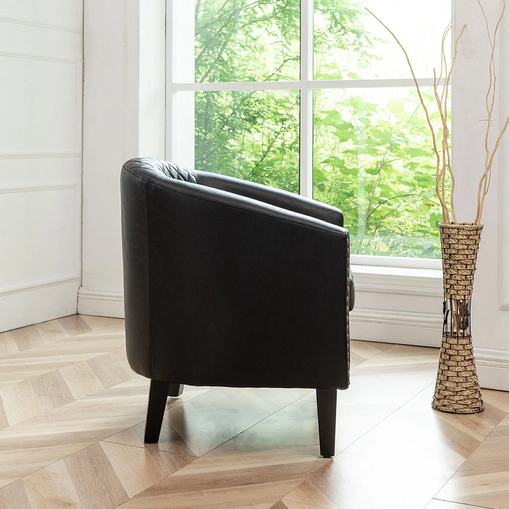 Mid Century Modern Tufted Faux Leather Barrel Armchair S973
