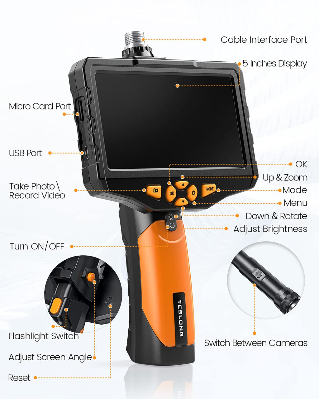 Dual Lens Inspection Camera with Light, 5 IPS Screen, 16.4ft Flexible Probe U23472