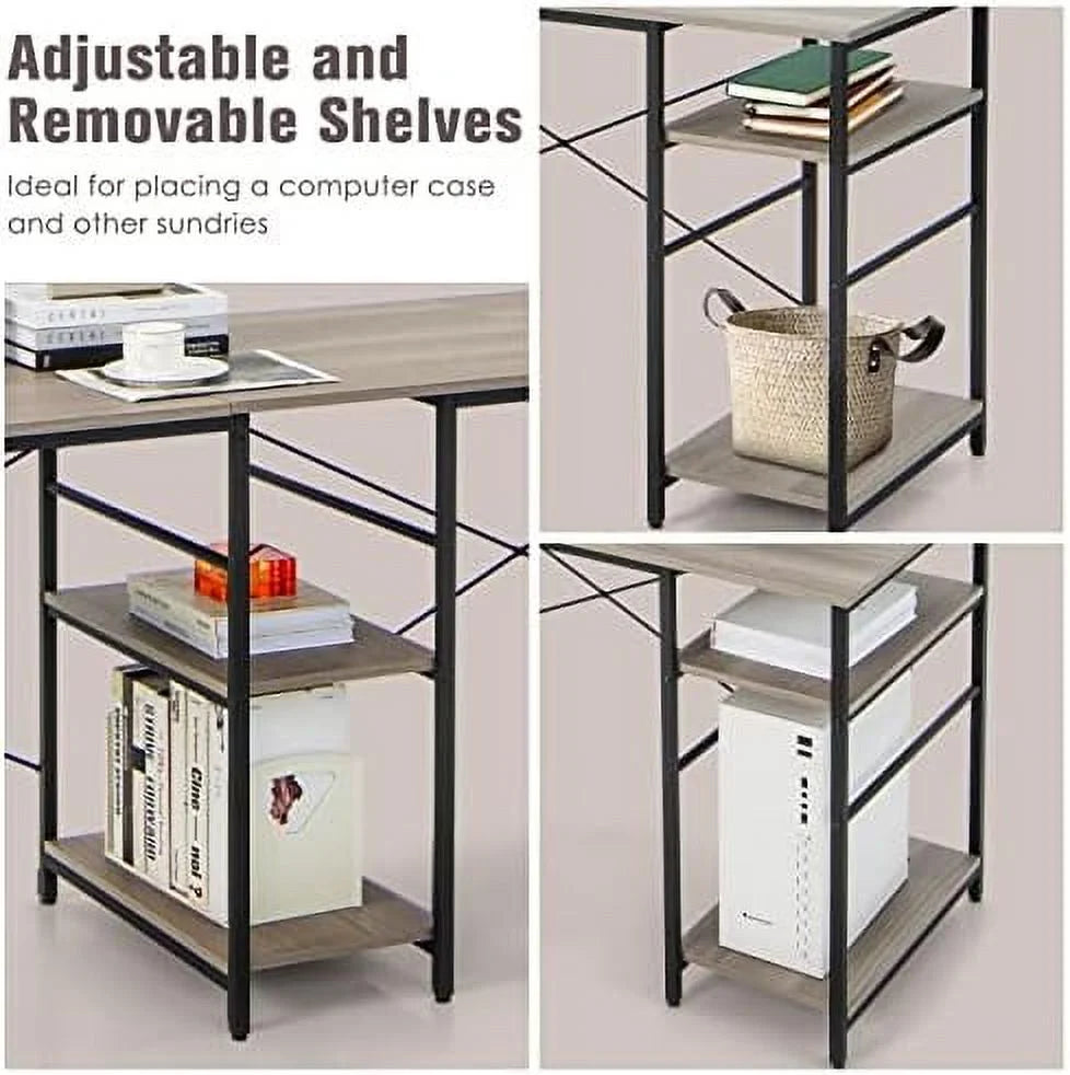 L-Shaped Corner Desk with 4-Tier Shelves and 3 Cable Holes B2291
