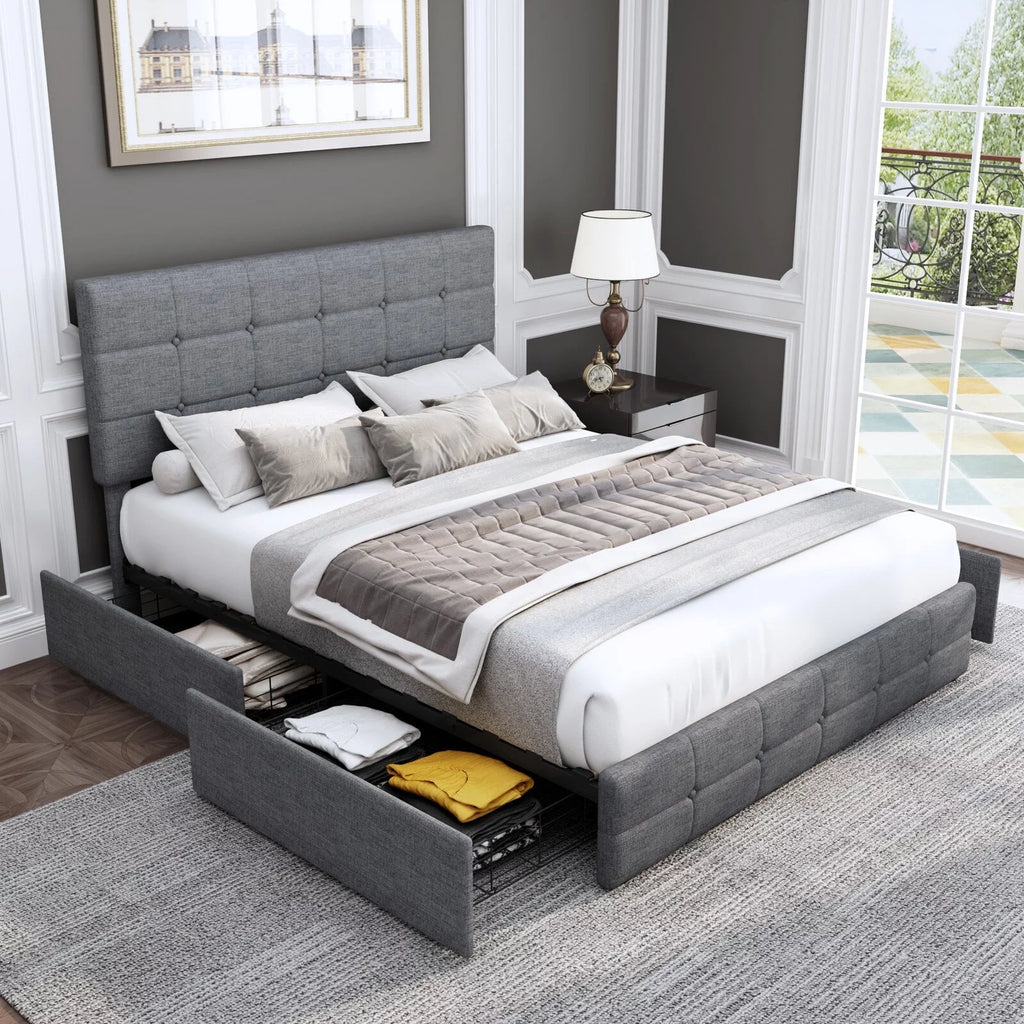 Queen Size 4 Drawer Tufted Upholstered Platform Bed Frame F32483