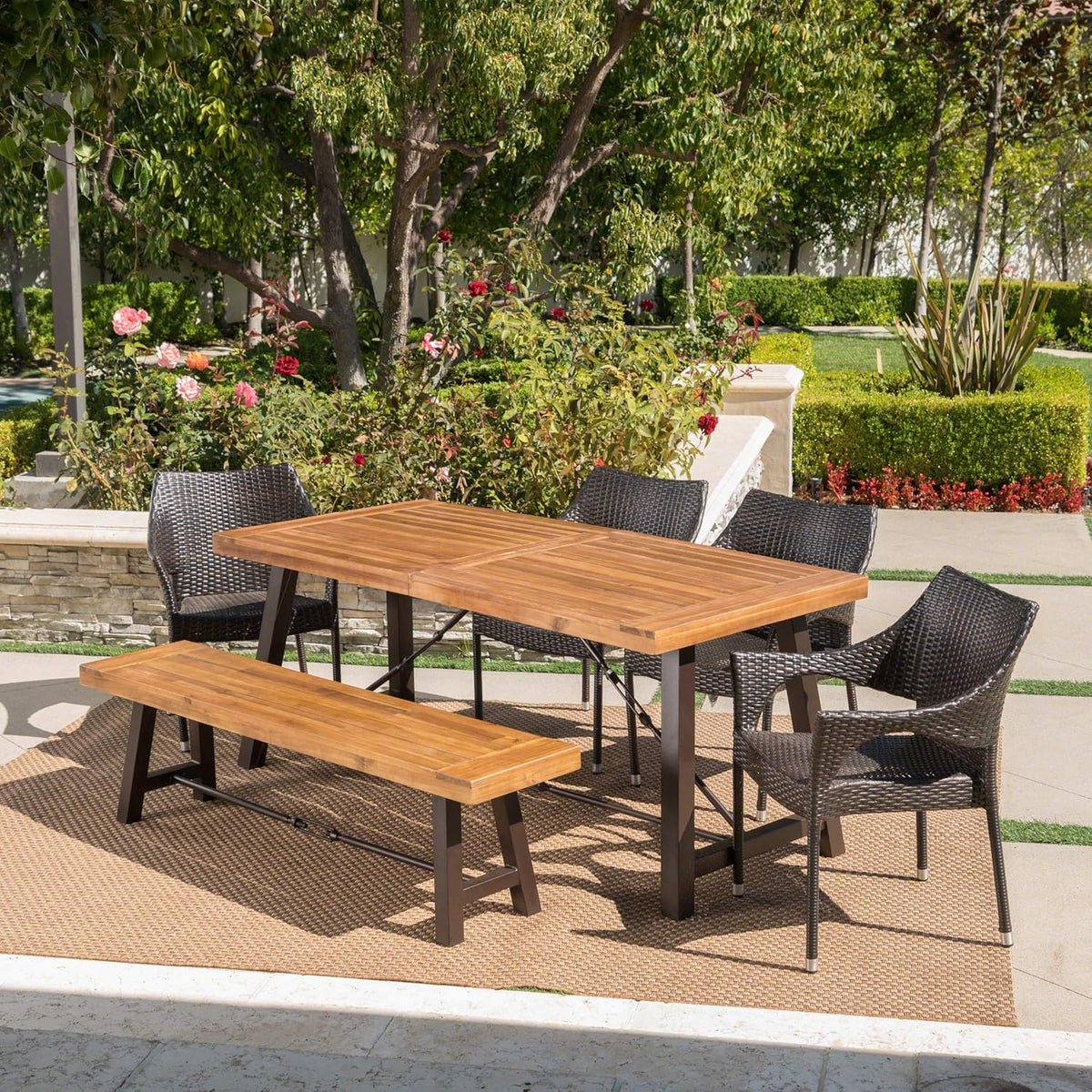 Acacia Wood Dining Set with Wicker Stacking Chairs U38407