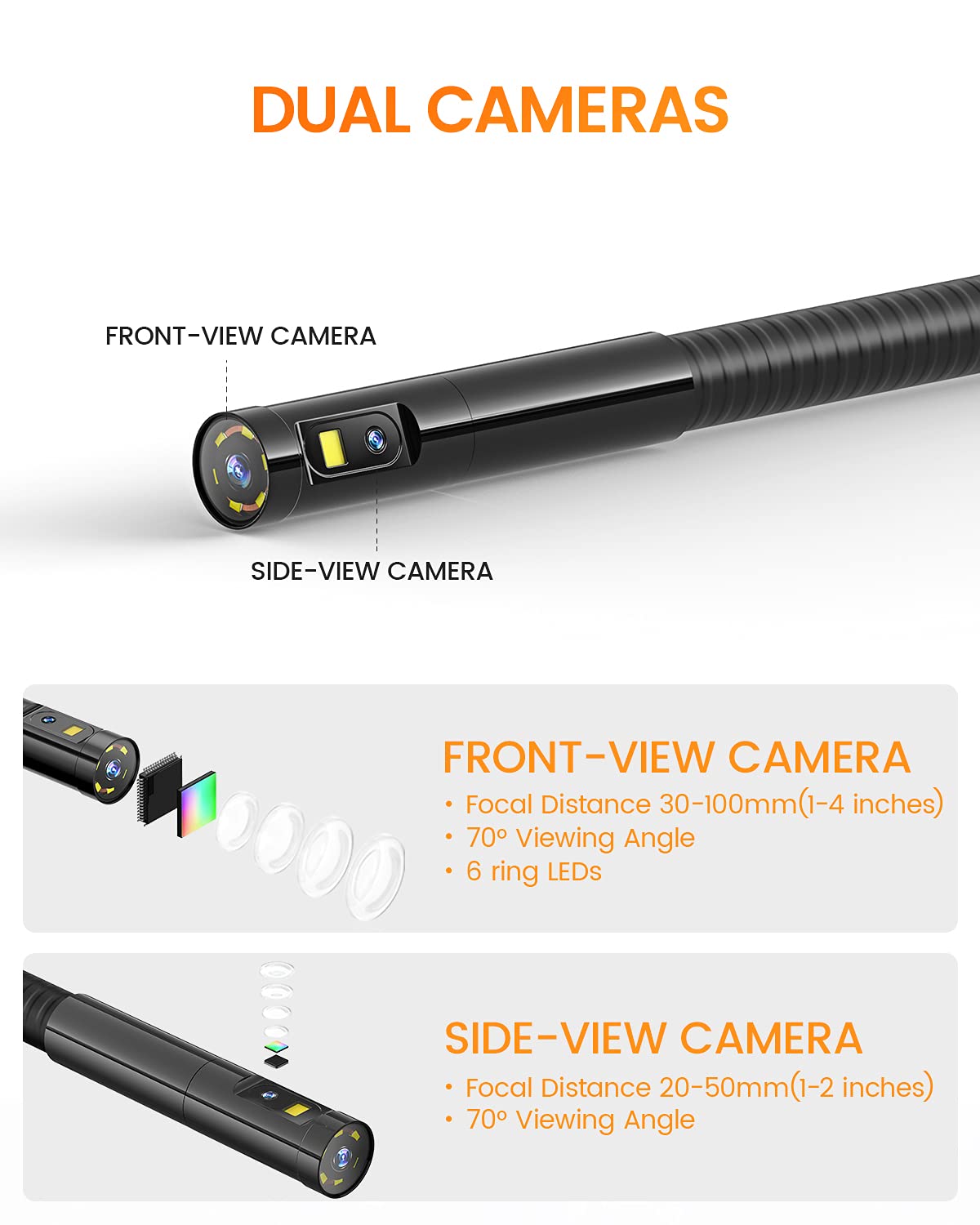 Dual Lens Inspection Camera with Light, 5 IPS Screen, 16.4ft Flexible Probe U23472