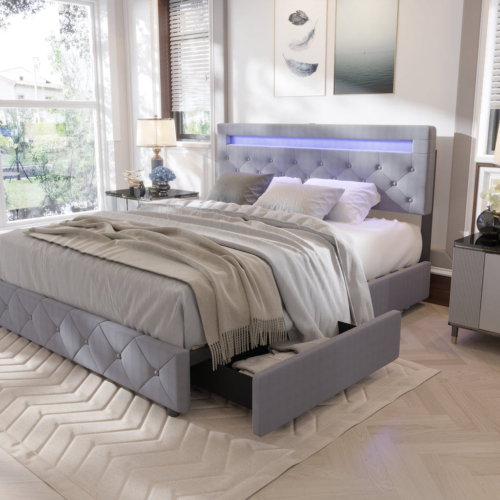 Full Size Upholstered Platform Bed Frame with LED Light Headboard I43443
