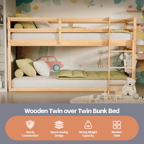 Twin Over Twin Wooden Bunk Bed with Ladder and Guardrails F923998